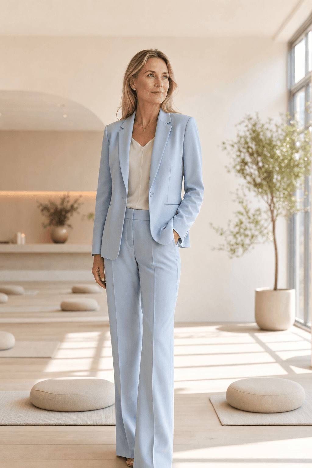 Mujer profesional con traje azul sereno de THE CHROMAE ā Calma
